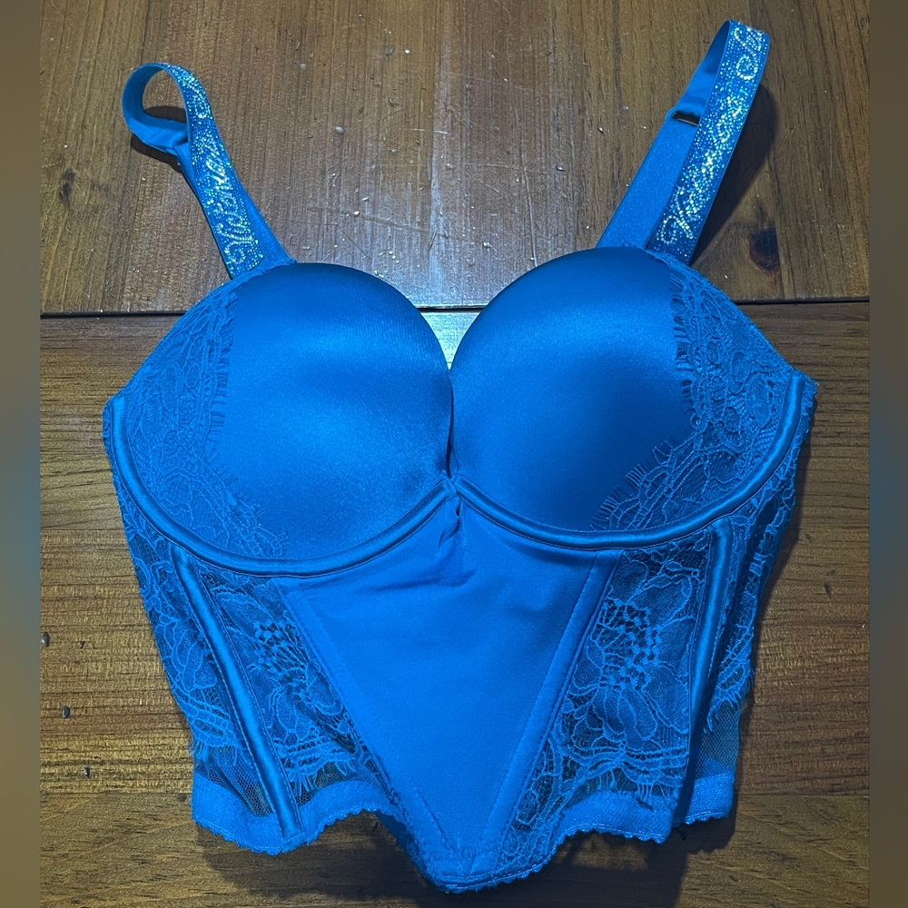 Victorias Secret Blue Very Sexy Pushup Lace Rhinestone Corset Bra Size 32D